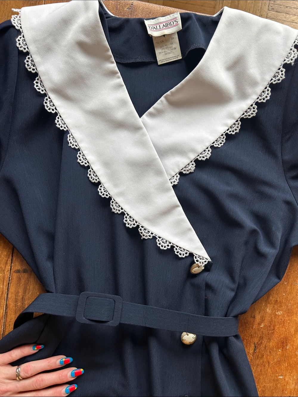 Vintage Navy Sailor Collar Dress • Lace Trim • Belted Wrap Style • Cottagecore - Picture 11 of 11